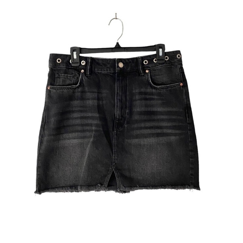 All Saints Lila Black Denim Grommet Frayed Hem Mini Skirt size 10